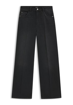 Black wide-leg jeans made of denim, featuring a classic five-pocket design, a front button closure, and straight hems.