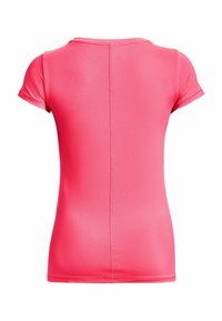 Short-sleeve athletic shirt in vibrant pink, made of breathable, textured fabric with a fitted design and a straight hem at the waist.