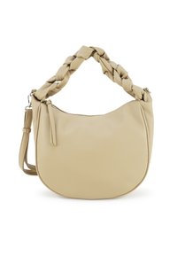 Beige leren handtas met een gevlochten bovenste handvat, een gladde textuur, halve maanvorm, afneembare riem en een ritssluiting detail.