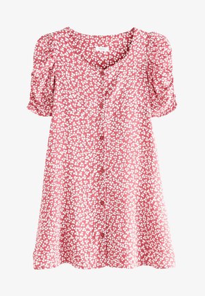 Rød kjole med hvidt bladmønster, korte puffærmer, V-hals og knapper ned foran. Fremstillet af letvægtsstof, løs pasform.