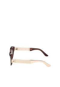 Brune acetatsolbriller med guldbeløbte accenter. Har brede rektangulære rammer og slanke stænger med en glansfuld finish.