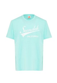 T-shirt in cotone verde menta con collo a giro. Presenta la scritta bianca "Sundek" e "CALIFORNIA" sottostante in un design curvo. Maniche corte.