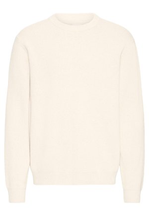 Cream-colored knit sweater with a crew neck, long sleeves, and ribbed cuffs and hem. Fabric has a soft, textured appearance.