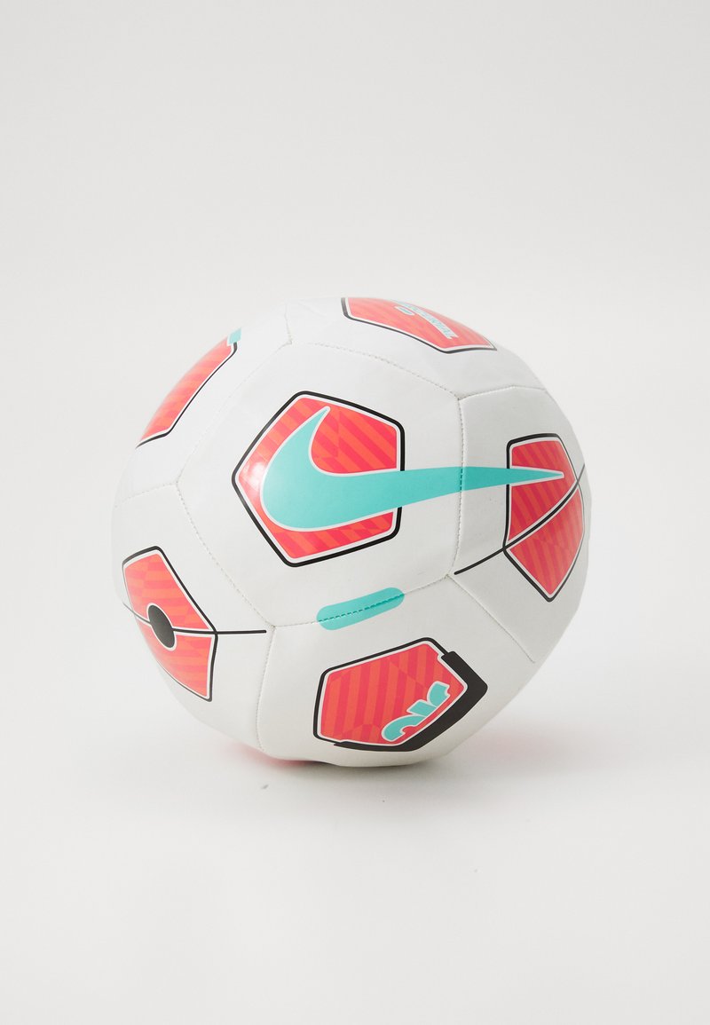 Nike soccer ball with a white surface, hexagonal panels featuring red accents, a teal logo, and black outlines. Smooth texture.