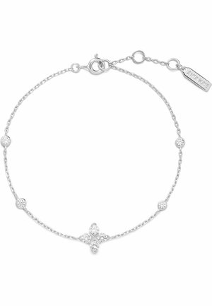 Braccialetto delicato con catena in argento, con cinque piccoli cristalli rotondi e un gruppo centrale di quattro cristalli a forma di croce, chiusura e targhetta del marchio attaccate.