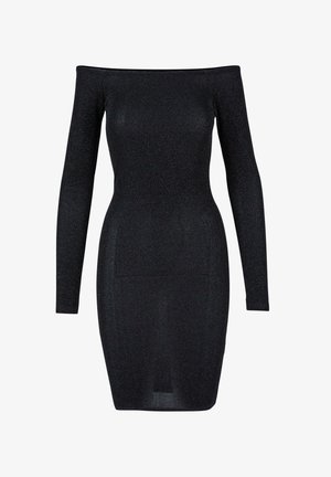 Črna obleka brez naramnic z dolgimi rokavi, oprijetega kroja in rahlo svetlečo teksturo. Dolžina do sredine stegen brez vidnih vzorcev.