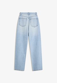 Light blue denim jeans with a straight leg design, featuring two back pockets and a high waist. The fabric has a classic denim texture.