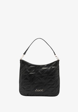 Zwarte leren schoudertas met een geometrisch doorgestikt patroon, voorzien van een enkele riem en een goudkleurige logodetail aan de onderkant.