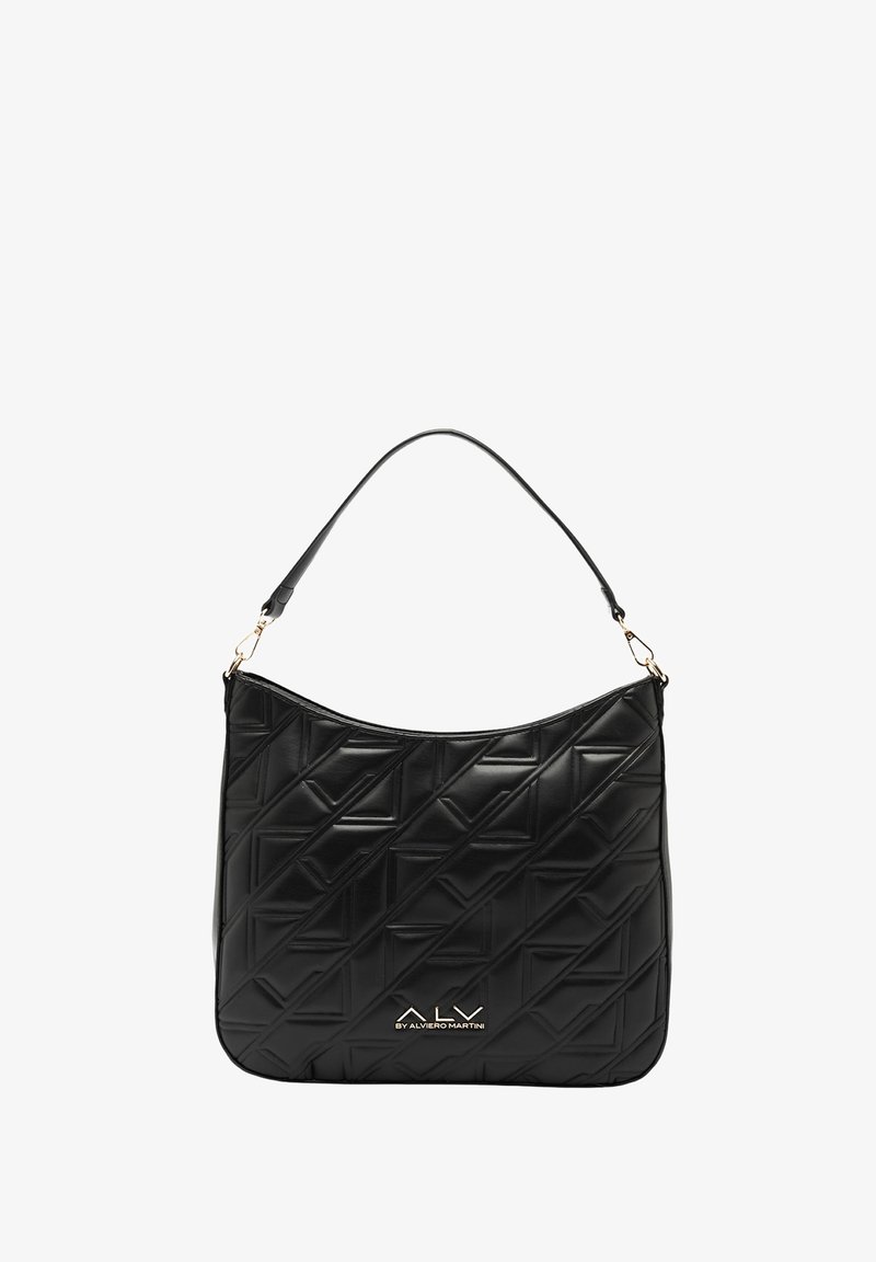 Borsa a spalla in pelle nera con motivo trapuntato geometrico, dotata di una tracolla singola e dettaglio logo color oro nella parte inferiore.