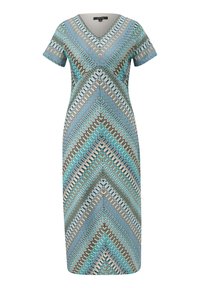 Abito con scollo a V e maniche corte, caratterizzato da un motivo a zigzag in turchese, blu e marrone su uno sfondo chiaro; lunghezza al ginocchio. Finitura in tessuto liscia.