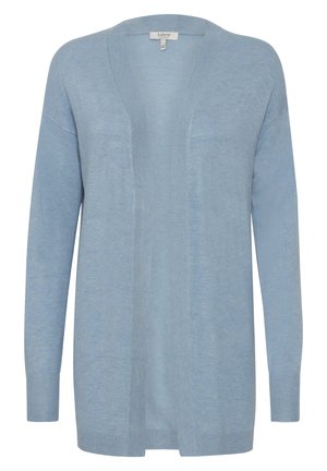 Hele sinine kardigan, mis on valmistatud pehmest ja kergest materjalist. Omab avatud esiosa, pikki varrukaid ja soonikkoes mansette, mis tagavad mugava lõike.