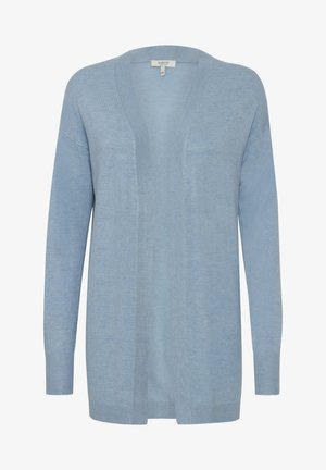 Világoskék kardigán, puha és könnyű anyagból készült. Nyitott elejű, hosszú ujjú, bordázott mandzsettákkal a laza illeszkedés érdekében.