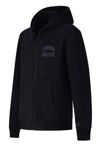 Schwarze Zip-Up-Hoodie aus weichem Material, mit Kängurutasche, gerippten Bündchen und Saum, und "GORDON ATHLETIC" in dunkelblauer Schrift.