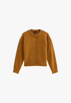 Mosterdgele gebreide cardigan met lange mouwen, ronde hals en knoopsluiting aan de voorkant. Geribbelde manchetten en zoom; zachte, gestructureerde stof.