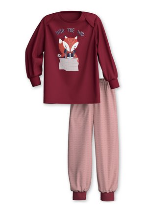 Bordeauxfarbenes Pyjama-Set mit langärmeligem Oberteil, das eine Fuchs-Grafik und den Text "Into the Wild" zeigt, kombiniert mit gestreiften Hosen mit elastischen Bündchen.
