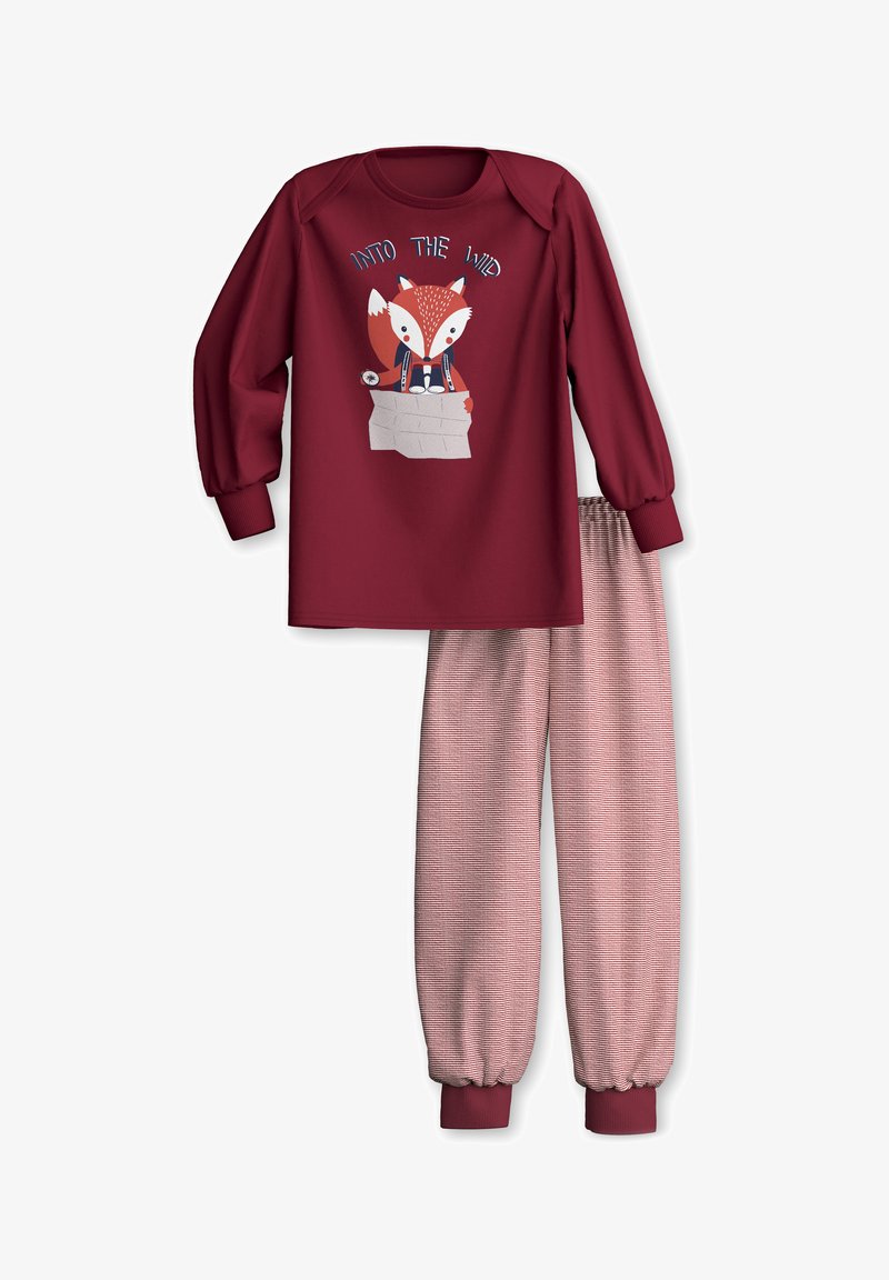 Bordeauxfarbenes Pyjama-Set mit langärmeligem Oberteil, das eine Fuchs-Grafik und den Text "Into the Wild" zeigt, kombiniert mit gestreiften Hosen mit elastischen Bündchen.