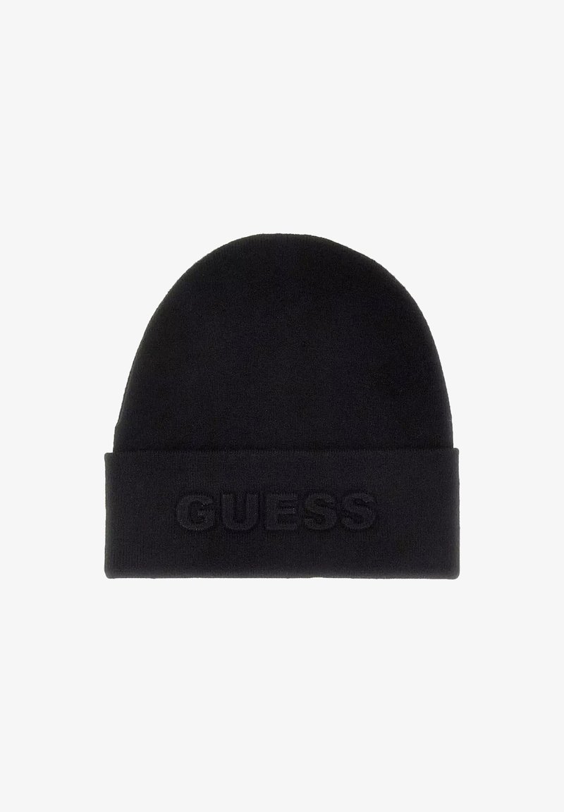 Bonnet en tricot noir avec un dessus arrondi et un revers replié, arborant un logo "GUESS" en relief à l'avant. Texture douce, design simple.