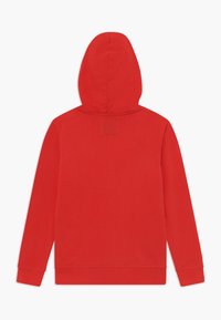 Rood hoodie van achteren getoond met lange mouwen, ribbelmanchetten en een eenvoudig, effen ontwerp op een witte achtergrond.