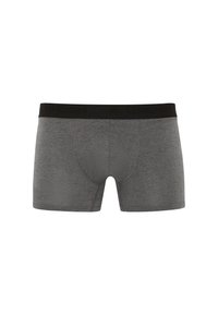 Gray cotton boxer shorts with a black waistband featuring embossed 'LONDON' text. Smooth texture and fitted design for comfort.