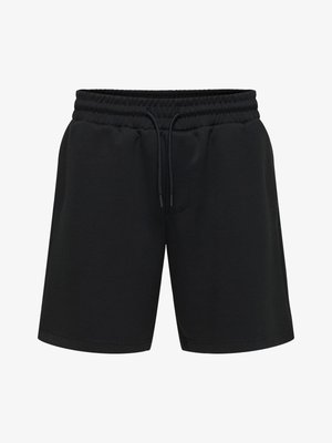 Black casual shorts with elastic waistband and front drawstring, knee-length, plain design, suitable for sports or leisure wear.
