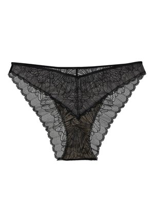 Czarny koronkowy thong z kwiatowym wzorem i falbankowymi brzegami, z przezroczystą siateczką i kontrastowym, gładkim tyłem. Lekki i delikatny design.