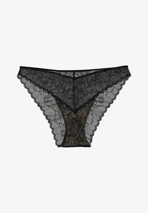 Black lace thong with floral pattern and scalloped edges, featuring sheer mesh and a contrasting solid back. Lightweight and delicate design.