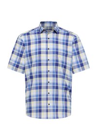 Camicia a manica corta con bottoni in un motivo a quadri blu e giallo. Presenta un colletto classico e bottoni neri, realizzata in tessuto leggero.