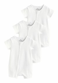 Tre kortærmede hvid bomulds babybodyer med vertikal ribbet tekstur og frontknaplukninger. Designet til nem påklædning.