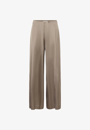 Beige wide-leg trousers in a smooth, satin fabric with a high waist and front pleats. Features a clean, tailored design and no visible hardware.