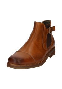 Bruine leren enkellaars met kaptoes, elastische zijkant en gespspecifiek. Glad textuur en stevige rubberen zool.