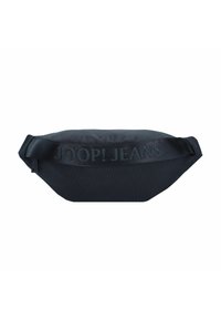 Sac banane en tissu noir avec "JOOP! JEANS" embossé sur le devant et une fermeture éclair sur un côté.