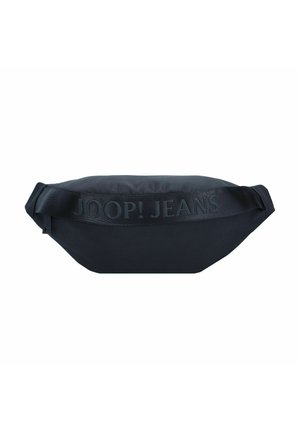 Schwarze Stoff-Taillentasche mit der Prägung "JOOP! JEANS" auf der Vorderseite und einem Reißverschluss an einer Seite.