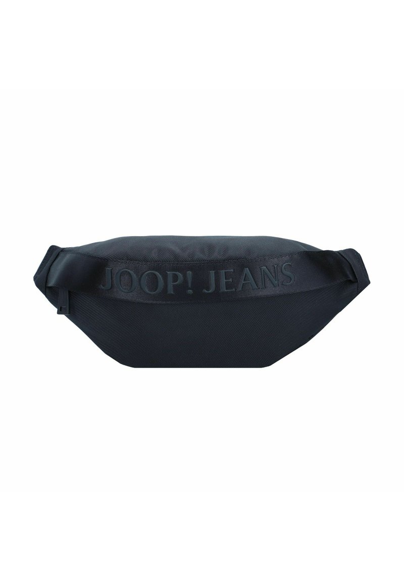 Sac banane en tissu noir avec "JOOP! JEANS" embossé sur le devant et une fermeture éclair sur un côté.