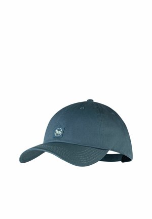 Dark gray cotton baseball cap with curved brim and adjustable strap, featuring small white Buff logo patch on front.
