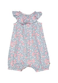Světle modrý overálek s červeným a růžovým květinovým vzorem, volánky na ramínkách, elastickým výstřihem a nařasenými otvory na nohách. Bavlněný materiál.