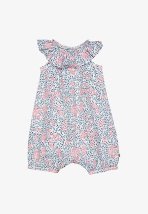 Romper azzurro chiaro con motivo floreale rosso e rosa, spalline arricciate, scollatura elastica e aperture delle gambe gathered. Materiale in cotone.