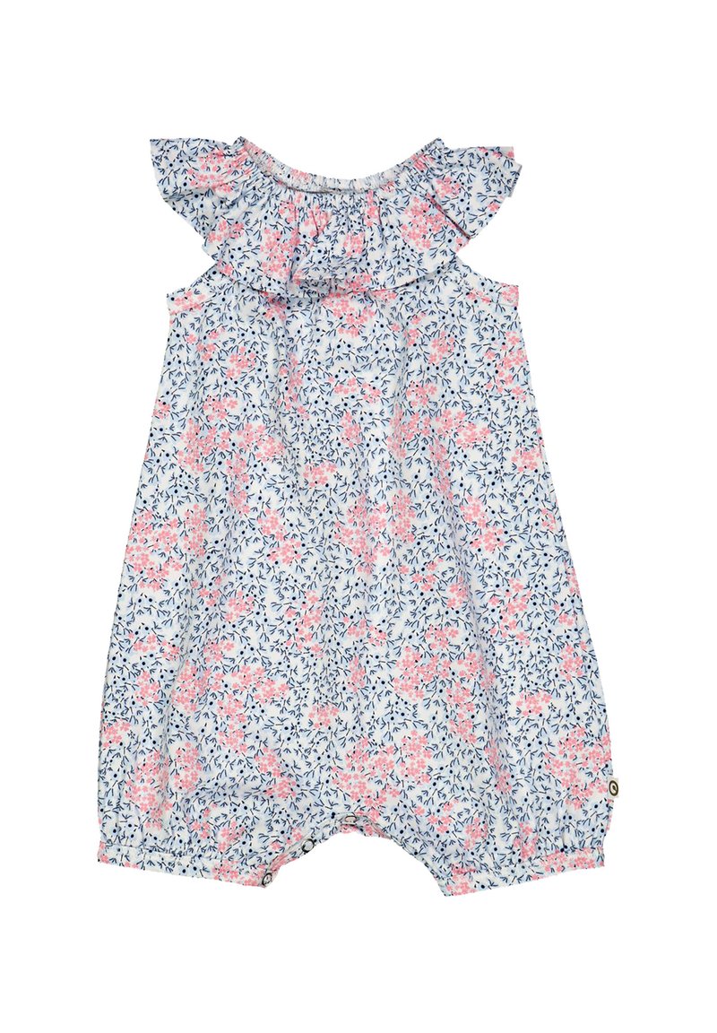Světle modrý overálek s červeným a růžovým květinovým vzorem, volánky na ramínkách, elastickým výstřihem a nařasenými otvory na nohách. Bavlněný materiál.