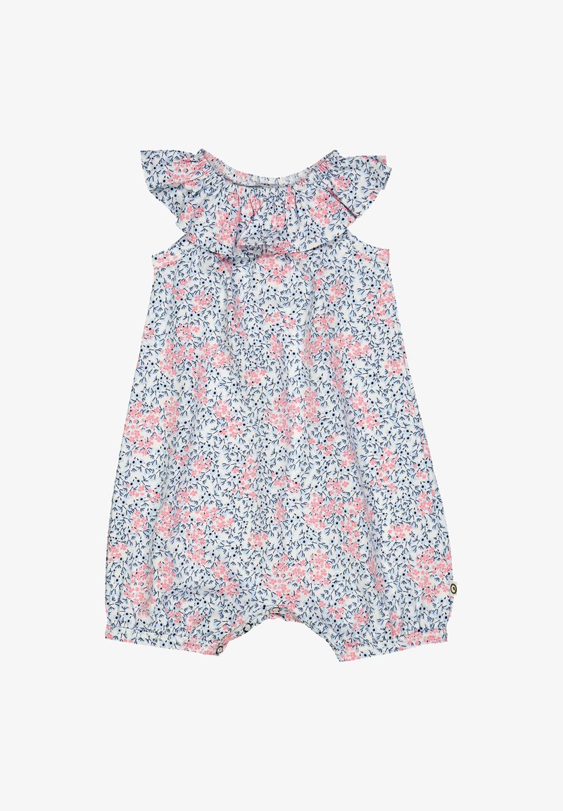 Světle modrý overálek s červeným a růžovým květinovým vzorem, volánky na ramínkách, elastickým výstřihem a nařasenými otvory na nohách. Bavlněný materiál.