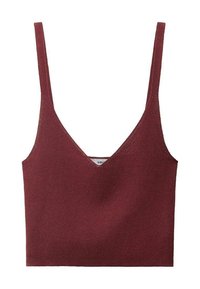 Burgundy knitted crop top with a deep V-neck and slim straps, featuring a textured finish and a straight hem. Simple, fitted design.