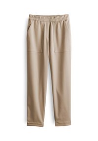 Pantalon beige à taille élastique avec poches plaquées à l'avant, jambes droites et texture de tissu lisse.