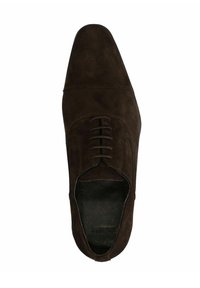 Brown suede dress shoe with a pointed toe, six eyelets for laces, and a textured finish. Interior features a smooth black lining.