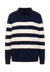 Pull rayé bleu marine et crème avec col montant, présentant des poignets et un ourlet côtelés, fabriqué en matière maille douce.