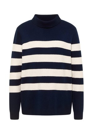 Mörkblå och gräddfärgad randig tröja med hög hals, med ribbade muddar och fåll, gjord av mjukt stickat material.