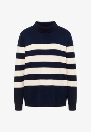 Mörkblå och gräddfärgad randig tröja med hög hals, med ribbade muddar och fåll, gjord av mjukt stickat material.