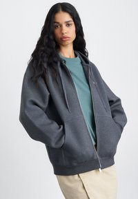 Γκρίζα hoodie με φερμουάρ και κουκούλα με κορδόνια, συνδυασμένο με μπλε-πράσινο πουκάμισο. Διαθέτει χαλαρή εφαρμογή και μπροστινές τσέπες. Λείο υφασμάτινο υλικό.