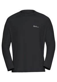 Langärmliges schwarzes Shirt aus glattem, leichtem Stoff. Es hat einen einfachen runden Ausschnitt und ein kleines Logo auf der Brust.