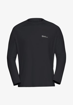 Camicetta nera a maniche lunghe realizzata in tessuto liscio e leggero. Presenta un semplice scollo rotondo e un piccolo logo sul petto.