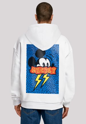 White hoodie featuring a large blue graphic with a cartoon mouse's face and the text "MICKEY" in red, accented by yellow lightning bolts.