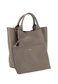 Sac fourre-tout en cuir gris avec une finition texturée, doté de poignées courtes et d'une pochette amovible avec une fermeture éclair dorée et un détail de logo.