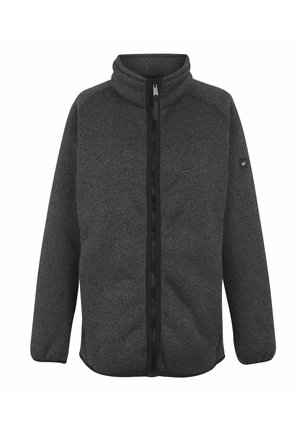 Dark gray fleece jacket with full front zipper, high collar, long sleeves, and small logo patch on left arm.